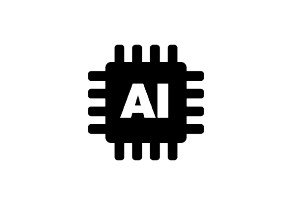 Black icon of a microchip with the letters AI in the center.